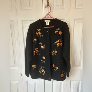 Vintage Susan Bristol Black Cardigan with Floral Embroidery
